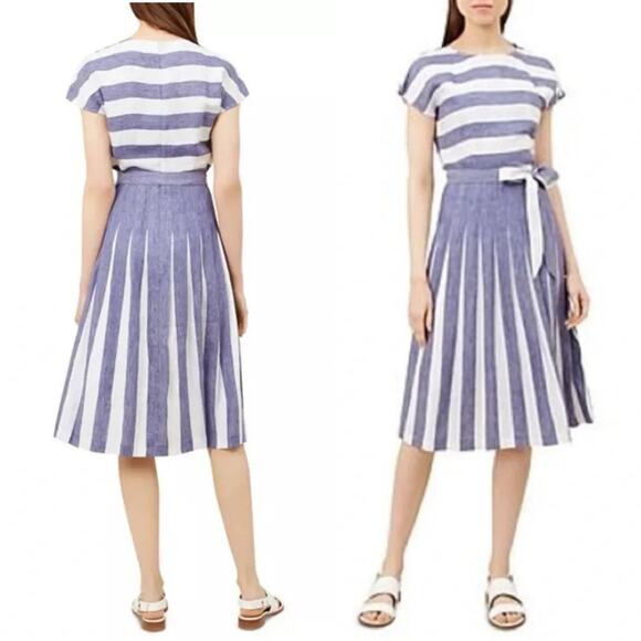 Hobbs London‎ Women's Blue & White Striped Aria Pleated Linen Midi Dress Size 10 - Picture 1 of 11